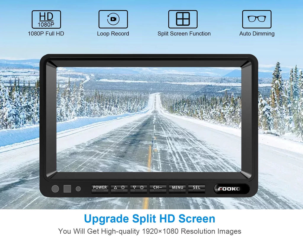 W/ HD Camera Truck/Trailer/RV 7-inch Wired RV IP69 Split Ⅱ Lines Parking (FHD3) Cameras Waterproof View for Dual Systems, 1080P Screen Backup Front/Rear Recording Monitor 7" Fookoo