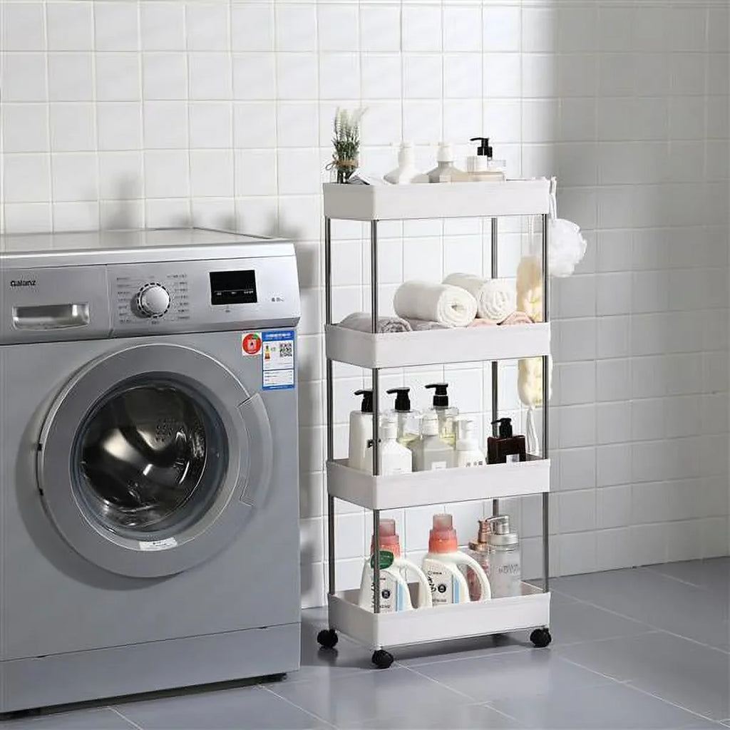 Utility Wheels, Stainless 4-Tier Kitchen, Bathroom, and with Steel, SYTHERS Cart White 4 Cart Rolling for Laundry Plastic with Room, hooks, Storage