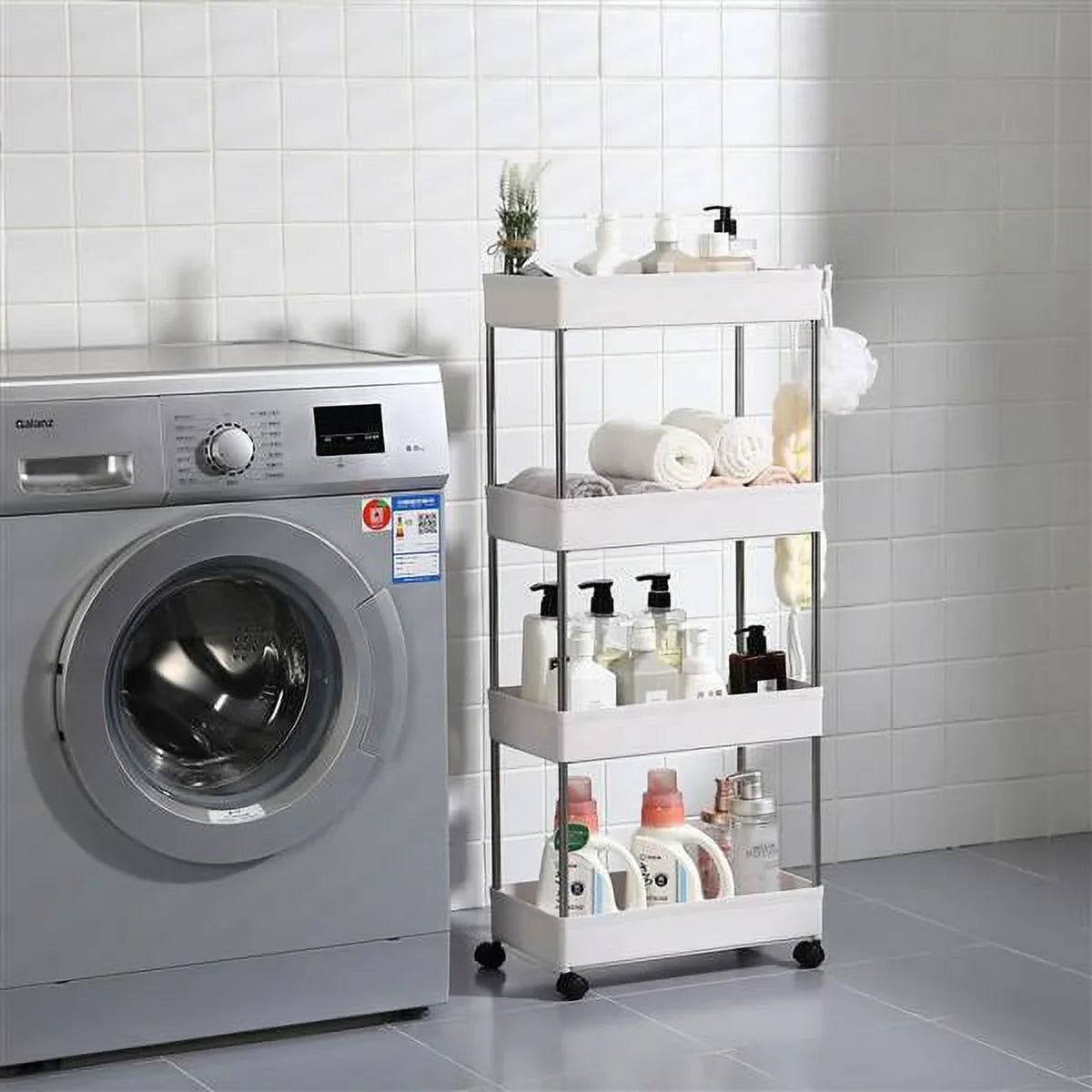 Utility Wheels, Stainless 4-Tier Kitchen, Bathroom, and with Steel, SYTHERS Cart White 4 Cart Rolling for Laundry Plastic with Room, hooks, Storage