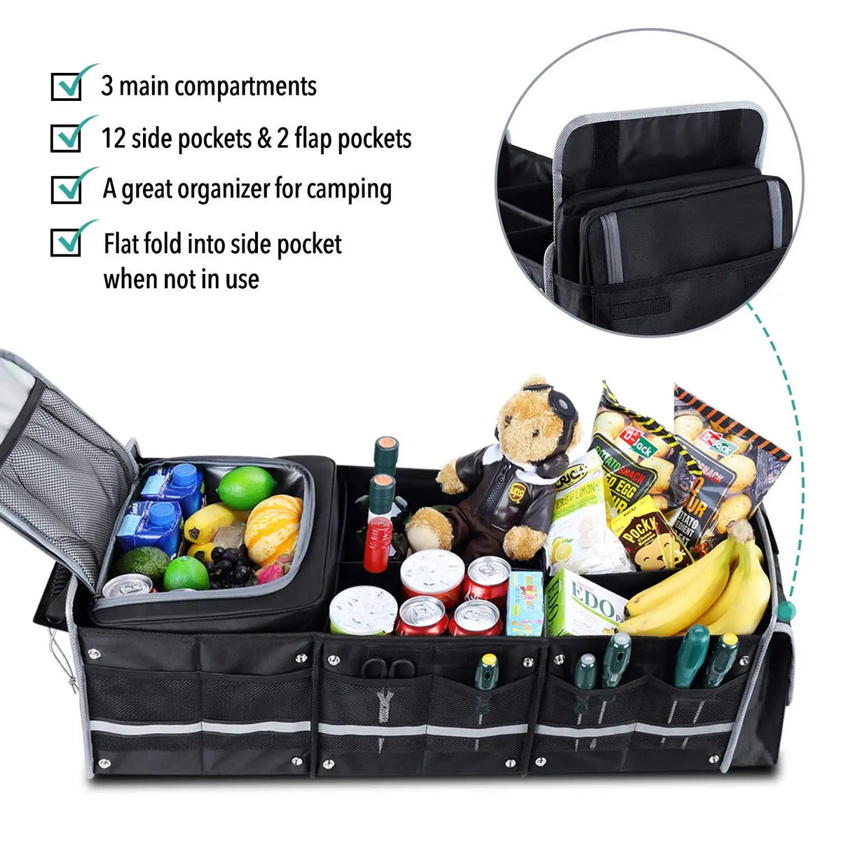 Car 5-in-1 2 Organizer - Cooler Lid, Cargo D and Tie-Down SUV - with Black Storage Solution Collapsible Foldable Insulated Glamor Leak-proof & Dividers, Bag with Straps Trunk Removable