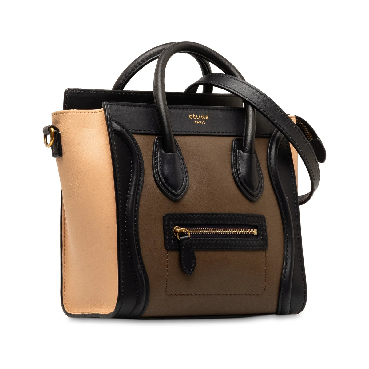 Tote (Good) Satchel Tricolor Luggage Unisex Calf Celine Authenticated Leather Brown Nano Pre-Owned