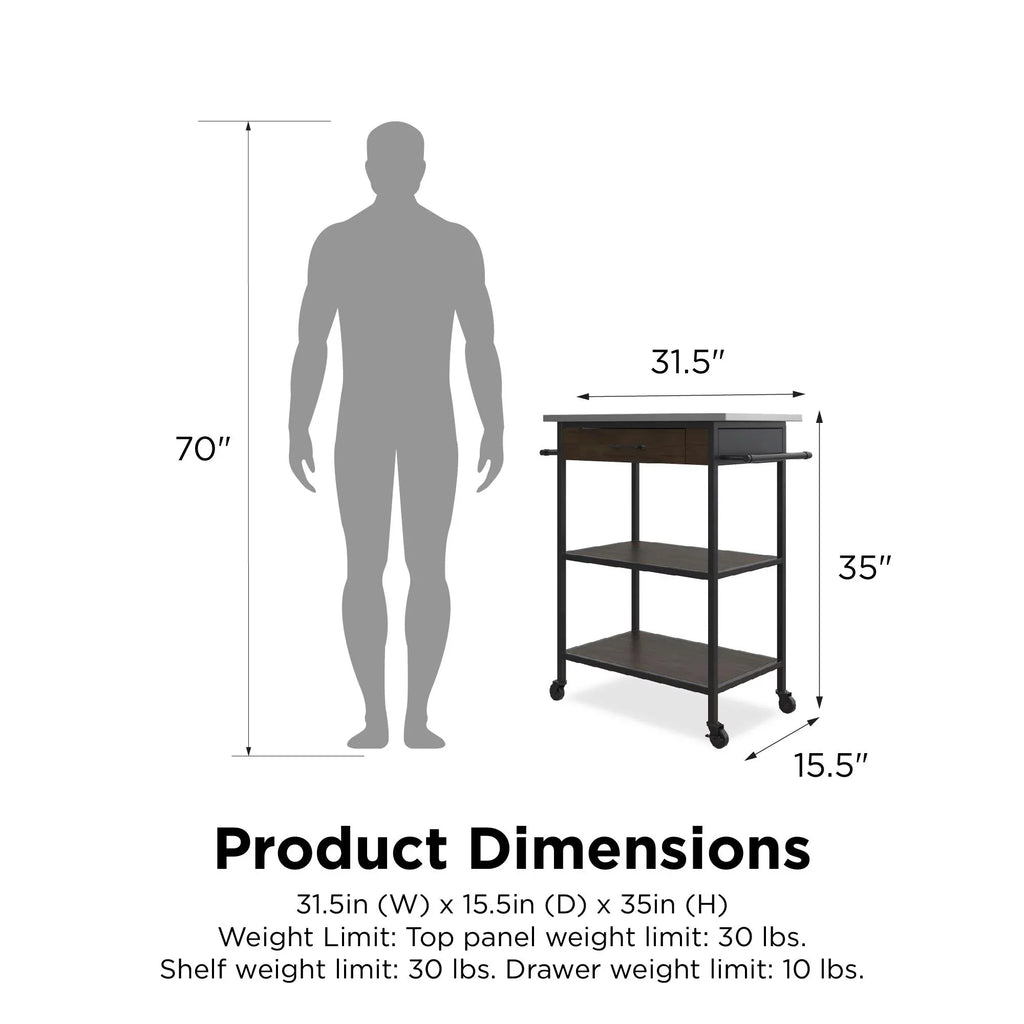 Brown Metal Counter Kitchen Black Storage, Stainless Pantry Cart, Top, Frame, DHP Steel Kane