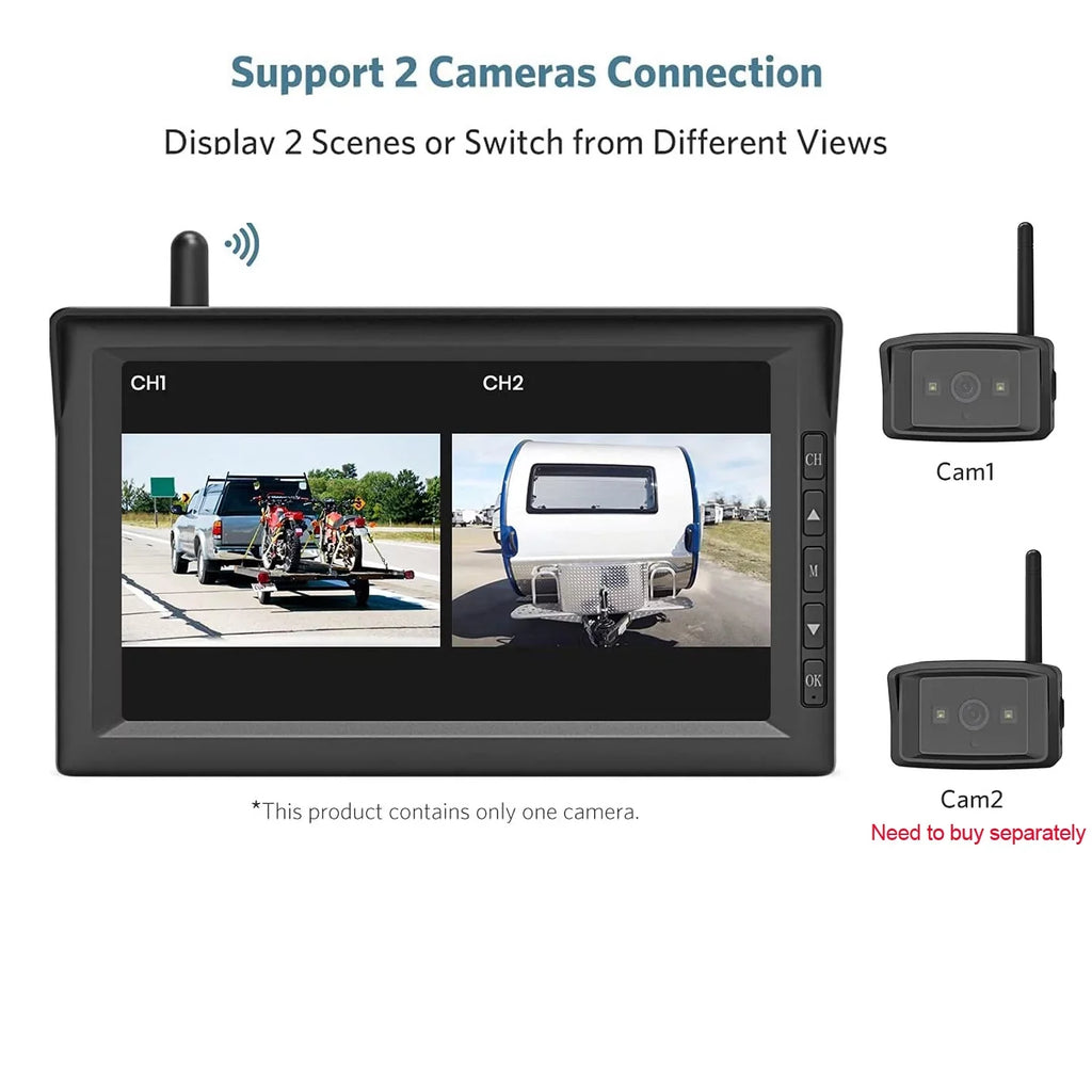 Monitor Split Systems HD with Wireless RV Backup Night Support Camera Support Camera Campervans IR 7" Reverse View Screen, 2 Digital Vision Cameras, Wireless Truck Trailer Rear Camera