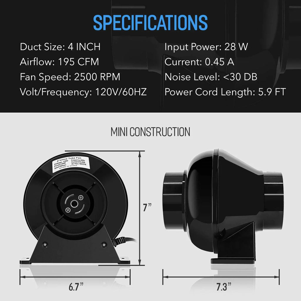 Lite, Ventilation inch Circulation CFM Vent Duct 1-Pack 4" Fan 195 Blower Tent, Black, iPower Inline Grow 4 Air for
