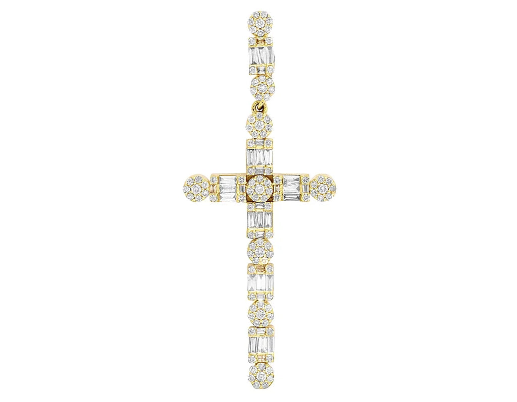 Cross 2" Real Baguette Diamond Unisex Cluster 1.2CT Flower 10K Gold Yellow