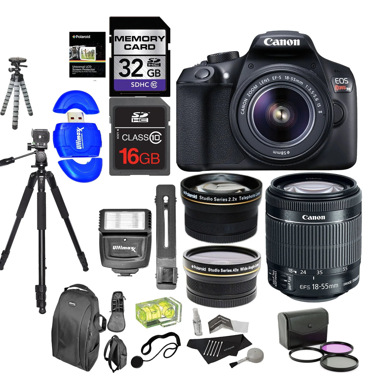 T6 Lens & Memory + Polaroid 2.2X IS Super 50" + SLR Lens .43x Camera EF-S + + Angle Digital Tripods HD & Rebel Wide with II f/3.5-5.6 Telephoto 8" 18-55mm Canon Accessory Bundle Kit Cards EOS Polaroid