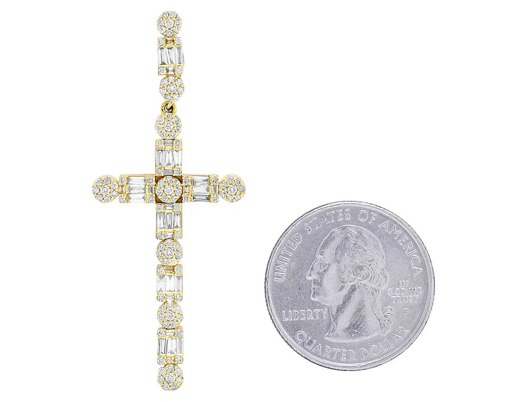 Cross 2" Real Baguette Diamond Unisex Cluster 1.2CT Flower 10K Gold Yellow