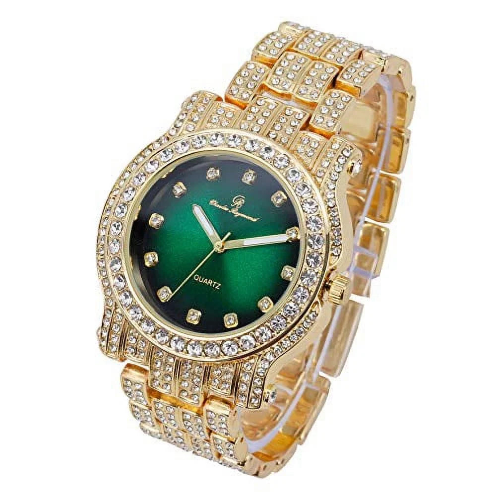 Green) Money Silver Bracelet Bling-ed Gold Watch Out Round - Luxury ZZ Mens (L0504DXB Out w/Bling-ed
