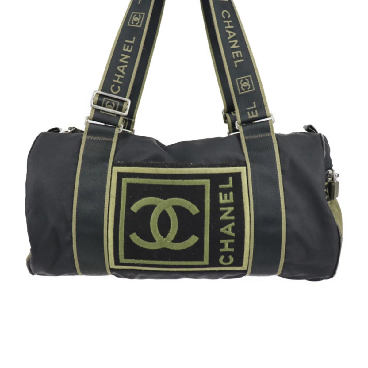 Pre-Owned Travel Green Round 10 (Fair) Sport Black Khaki Line Cylindrical Cocomark Chanel Bag CHANEL Nylon Series Shoulder Boston Canvas