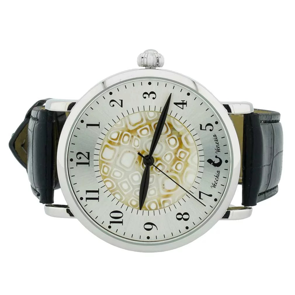 Watch Leather Band - Millefiori GlassOfVenice and Murano White Men's Black Glass With