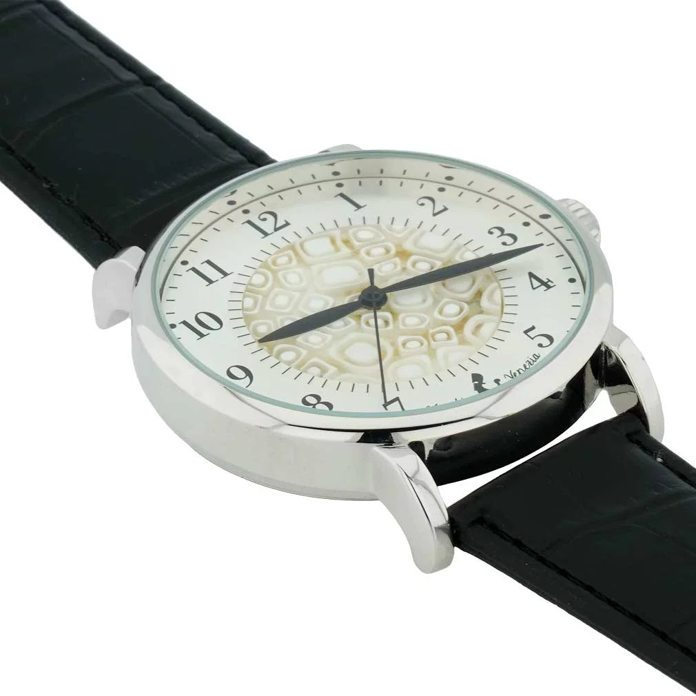 Watch Leather Band - Millefiori GlassOfVenice and Murano White Men's Black Glass With