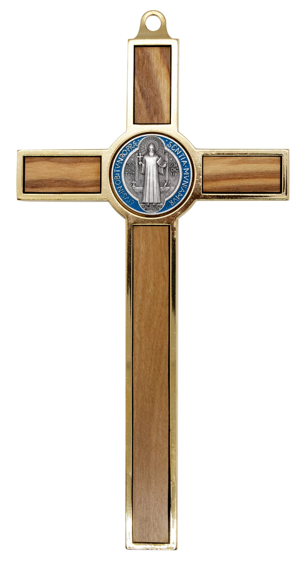 Benedict and Crucifix Medal with Inlays Wood Gold-Tone St. Colored 7.75"
