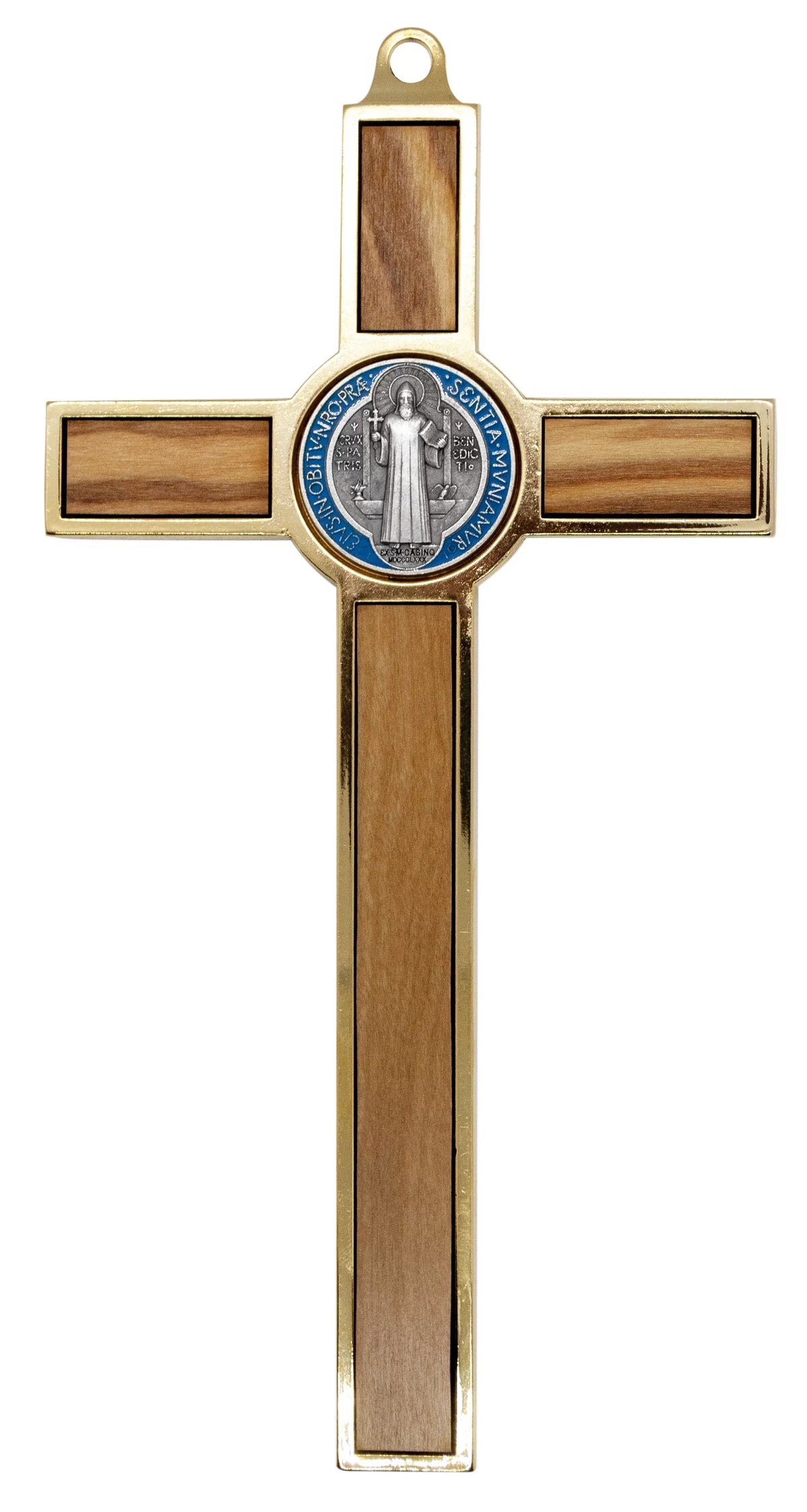 Benedict and Crucifix Medal with Inlays Wood Gold-Tone St. Colored 7.75"
