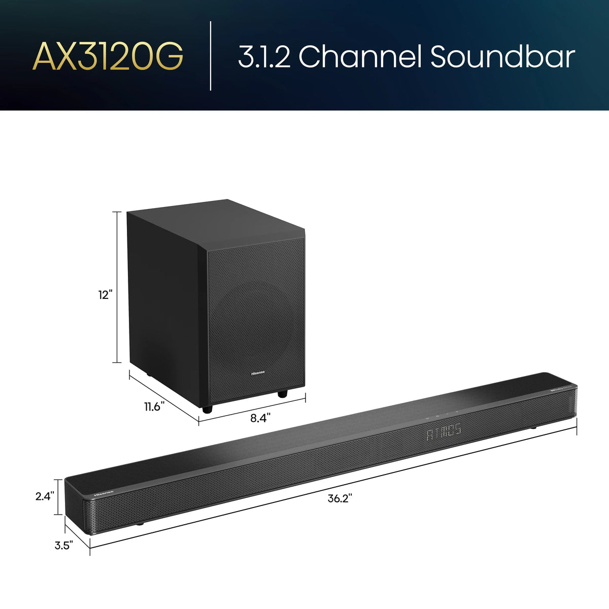 Restored Hisense with and 3.1.2 Atmos Dolby Subwoofer* (Refurbished) 360W (AX3120G) Ch Wireless Soundbar