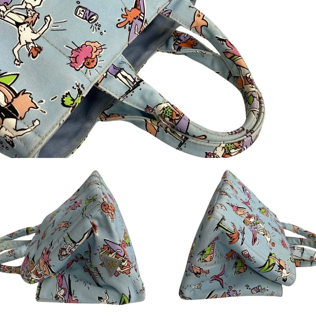 Pre-Owned 25905 Prada Canvas Tote Blue Multicolor Surfing (Good) Handbag Bag Pattern PRADA Triangle Canapa