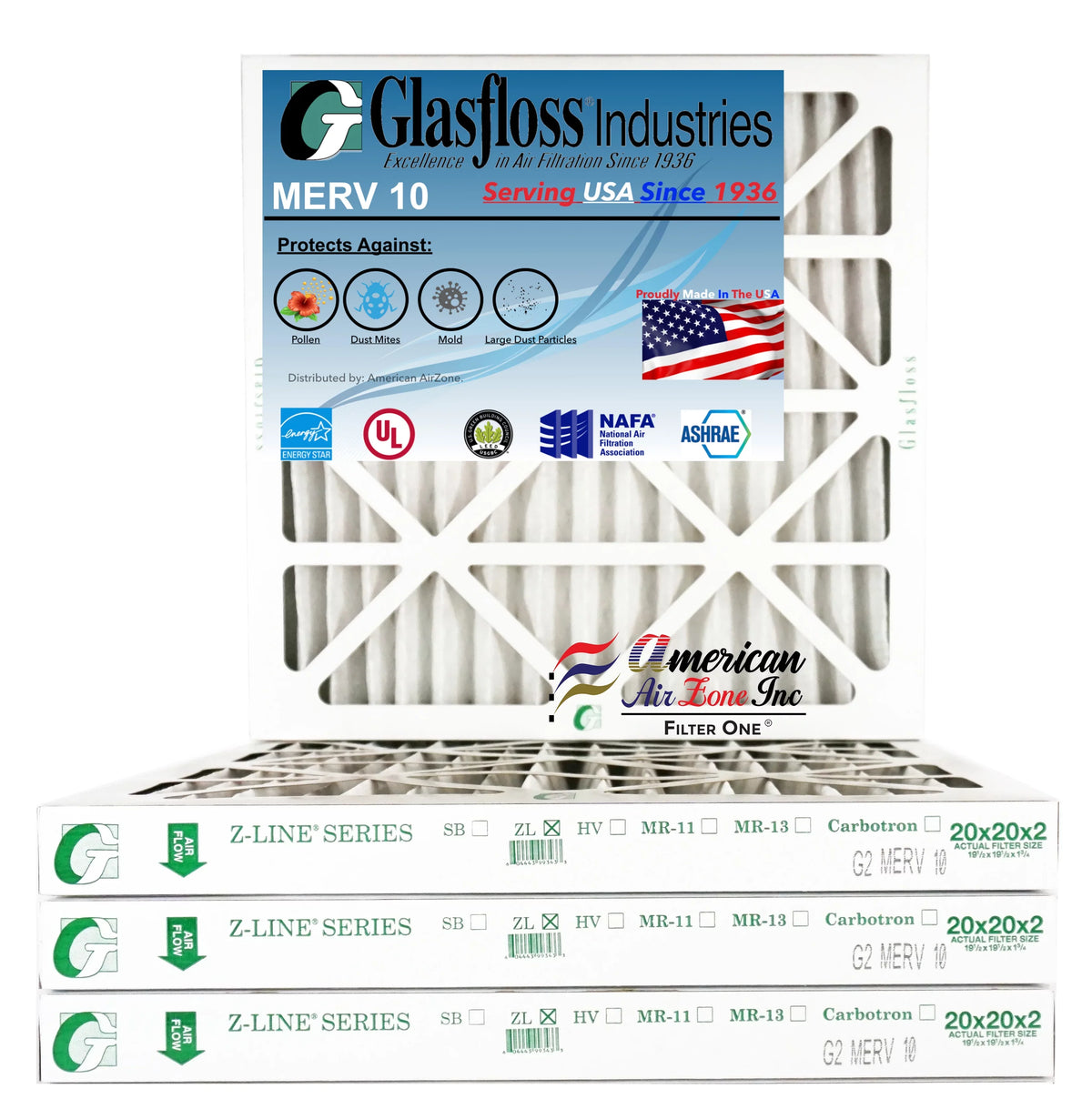 or or Made - Office - 10 Filter - In Glasfloss Filter The 2" Air - AC of 20x20x2 Air Air Pleated - Home - (Pack MERV HVAC Filter Furnace 4) USA.