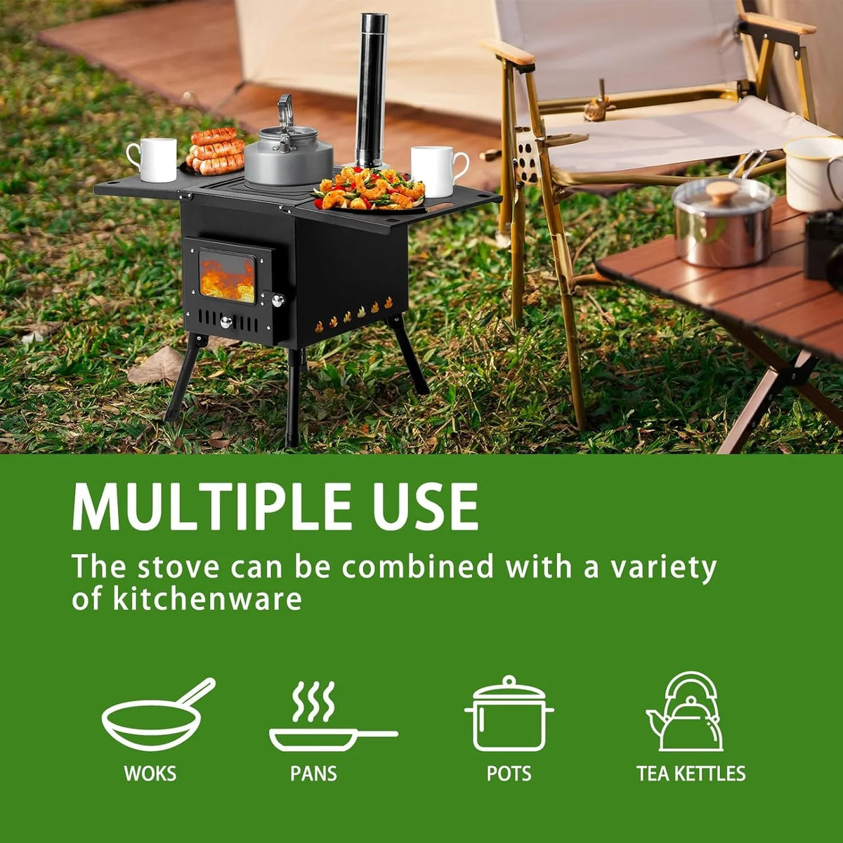 Pipes, Outdoor Cooking Stainless Outdoor Tent and with People Use(Black) Camping Wood Jack Heating Stove Burning Gloves Tent & for Chimney 1-2 Portable Wood Stove Stove, Camping