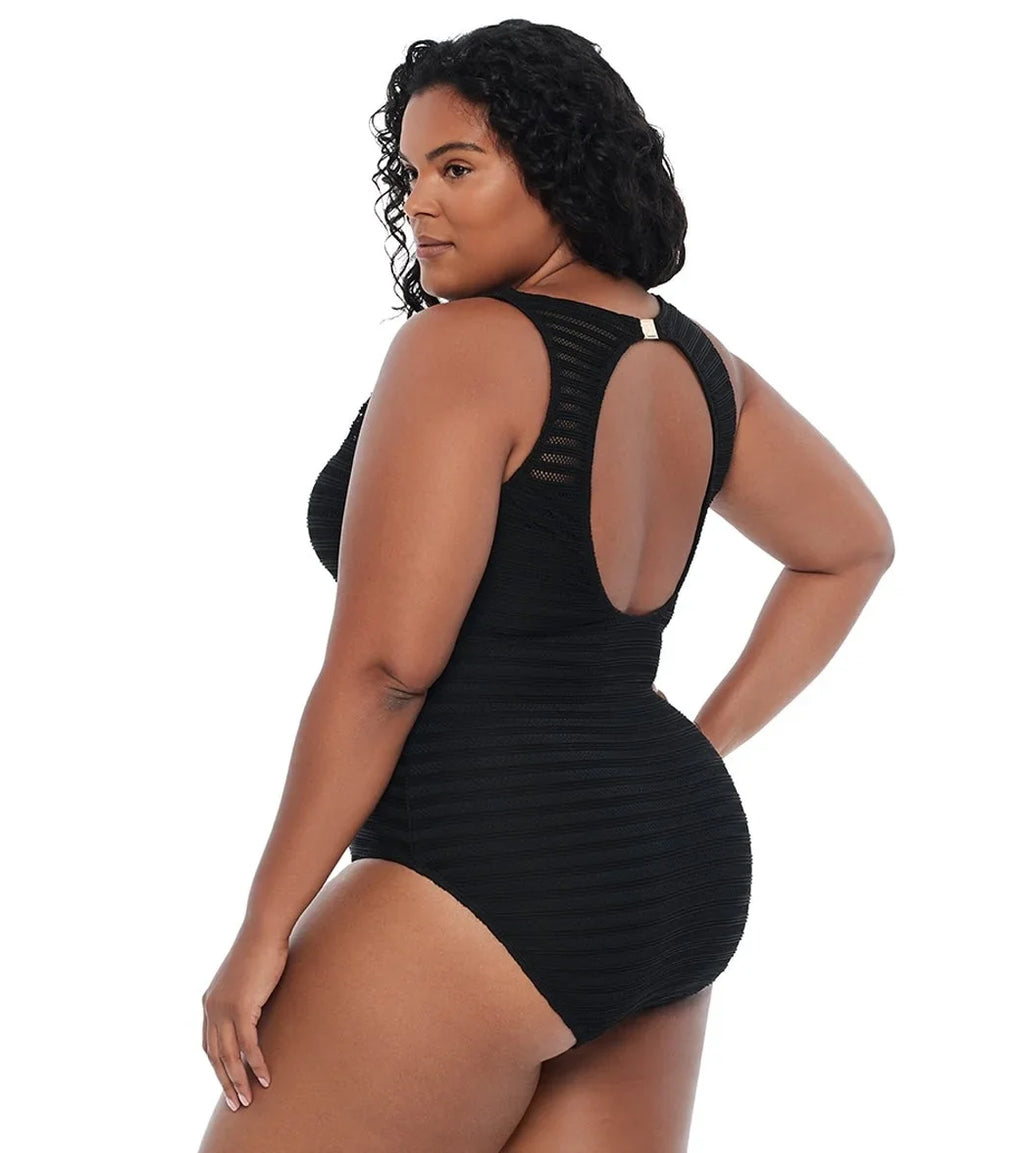 Ottoman US 20W Plus Boatneck Size Ralph BLACK Swimsuit, Lauren One Piece