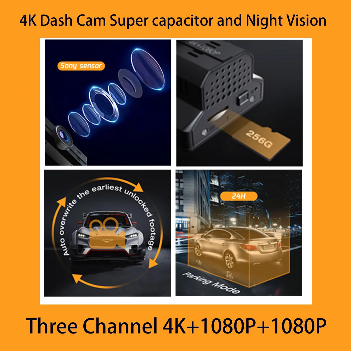 4K 4K+1080P Dash and Vision, Angle, Triple 170°Wide WDR, Night Cam Monitor with Dash Front and 3 Inside, Front Rear IR Car Camera Parking 2K+1080P+1080P Inside, Channel Camera