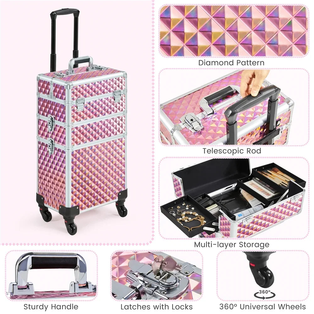 Topeakmart Train Large Trolley 3-in-1 Storage, Pink Case Cosmetic Makeup Rolling with