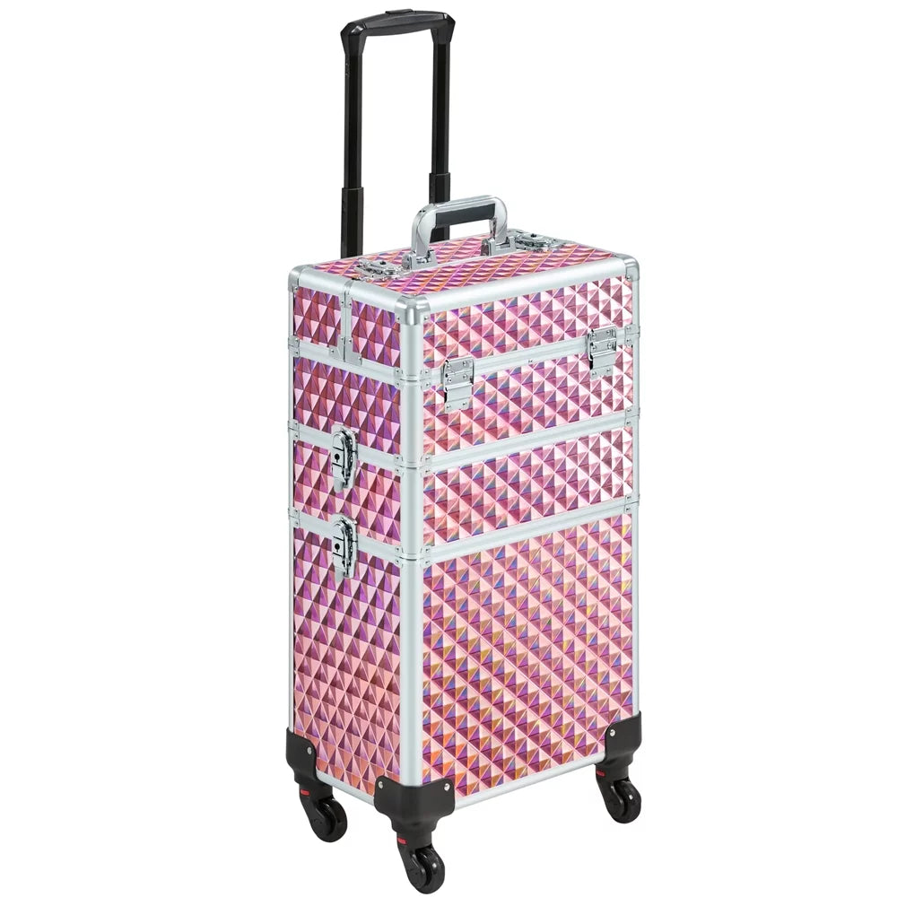 Topeakmart Train Large Trolley 3-in-1 Storage, Pink Case Cosmetic Makeup Rolling with