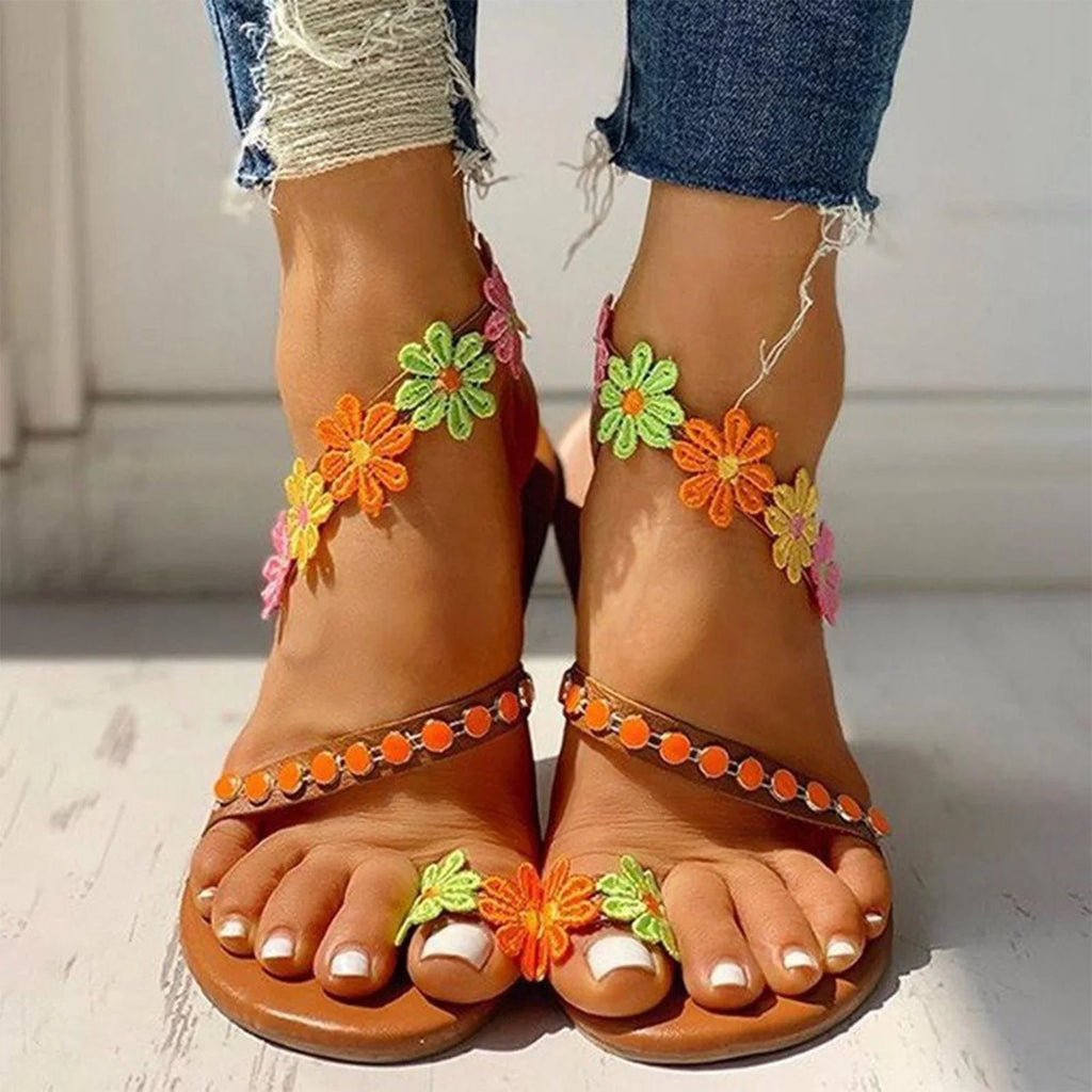 Ladies Sandals Wedge Women Designer Rhinestone Flower Flip Printing Sandals Sandals Summer Toe Fashion Sandals Breathable Flop Sandals 9 Size Low Women Round for Flat Summer for Women Strap Womens