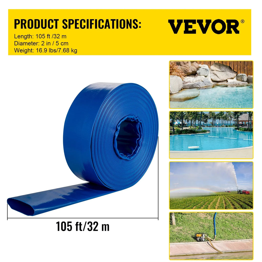 Ideal Blue Pool for Swimming x & Hose, Duty Backwash Transfer, Lay Discharge 105', with BENTISM Hose Weather-proof Fabric & Hose, Drain Water Flat 2" Burst-proof, Clamps, Heavy PVC