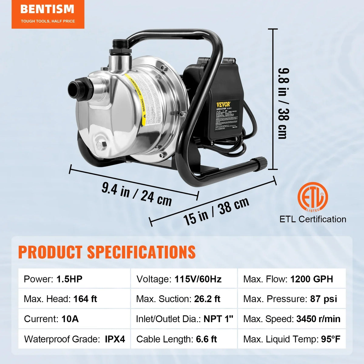 Lawn Portable Lake 1.5 Sprinkler 87 GPH 1200 Pressure, WaterTransfer for ft Pumps Booster system, 115V, Fountain, Steel Max Pump, Jet BENTISMShallowWell Stainless Height, 164 psi Irrigation HP Garden