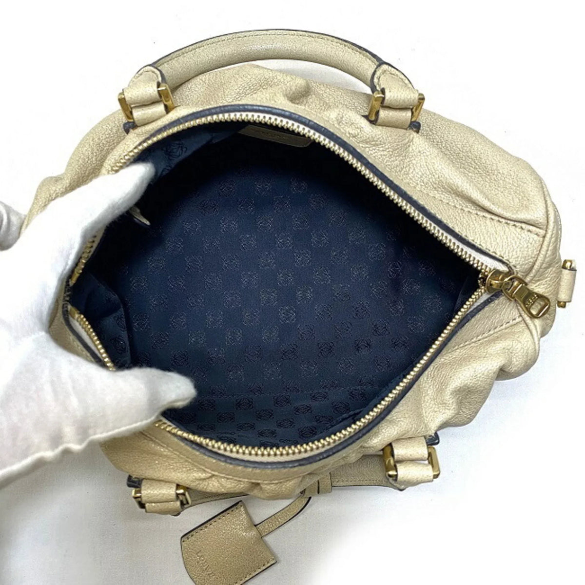 Pre-Owned Champagne Boston (Good) Gold Loewe Handbag Leather LOEWE 2way Lame Anagram Women's