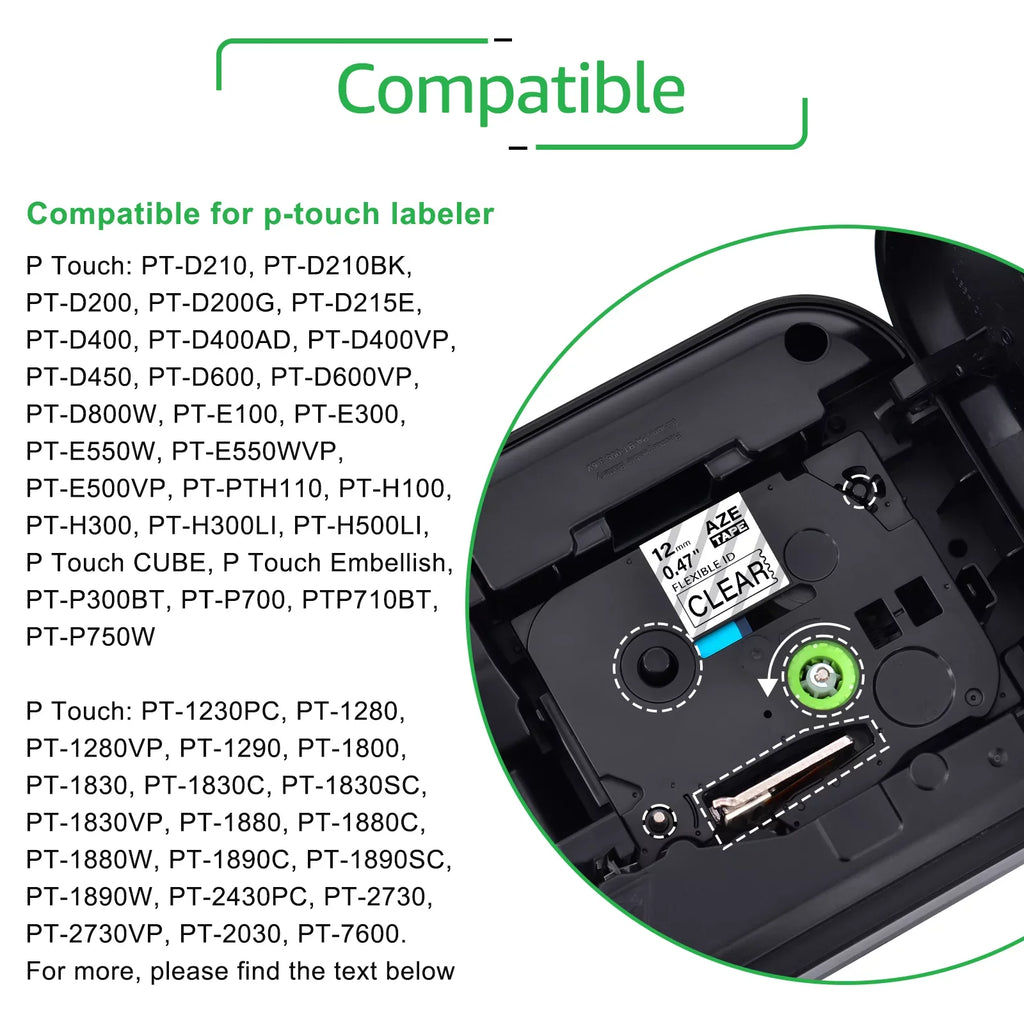 TZe for Label TZ Wire TZe-131 40PK Tape P-touch Compatible Clear x GREENCYCLE 8m on Black Flexible 12mm ID TZ-131 TZ-FX131 TZe-FX131 Cable Brother