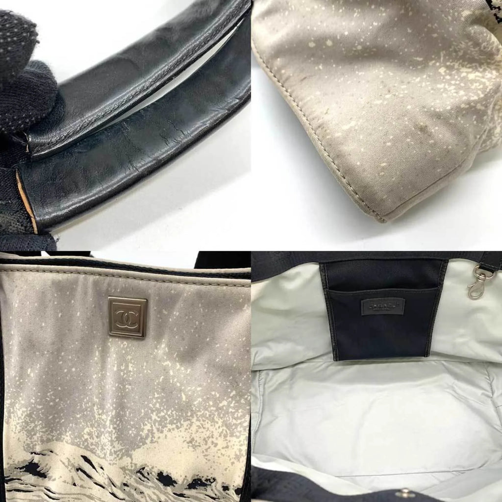 CHANEL Handbag Gray Pattern Line Tote Summer Canvas Bag Nylon High Horizontal Ladies Black x Pre-Owned Sports (Fair) Men's Wave