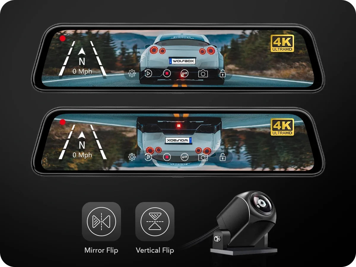Cam, 4K Screen, with Backup 12" & Free Camera Parking Rear Touch GPS Full Dash Mirror Monitor, View 32GB Camera, Mirror WOLFBOX Card Dash