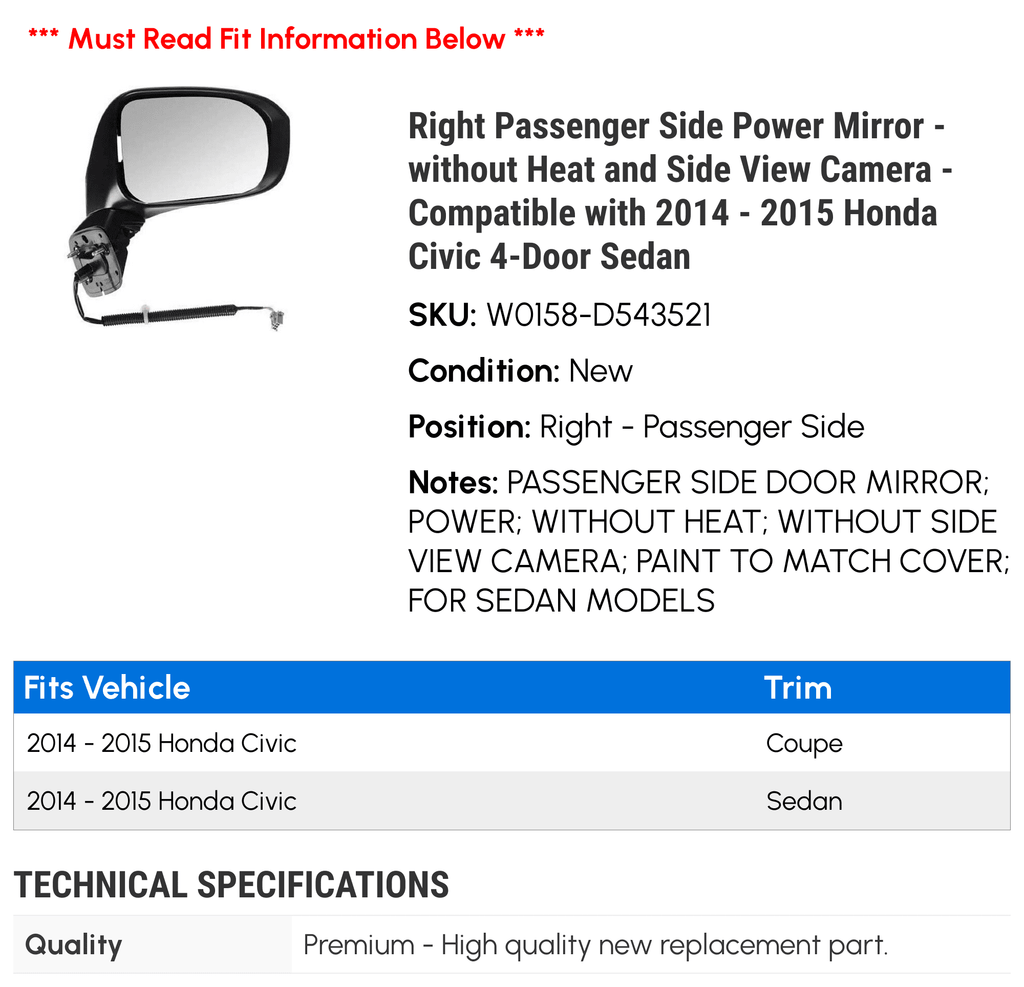 Camera - Power and 4-Door Compatible Sedan Passenger Side Side - Mirror Heat 2014 View Honda Civic - 2015 with without Right