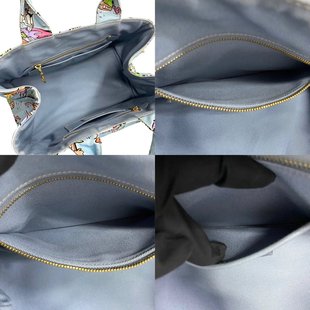 Pre-Owned 25905 Prada Canvas Tote Blue Multicolor Surfing (Good) Handbag Bag Pattern PRADA Triangle Canapa