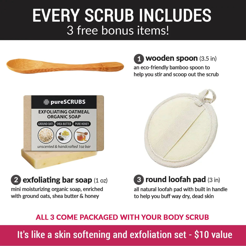 Bar & Wooden Body Spoon, SCRUB Organic Organic 16oz Oils Nutrients Mini Pure Exfoliating + FREE Set Essential Dead Loofah With Soap Scrub pureSCRUBS VANILLA & - BODY Large Salt Infused - Sea Premium