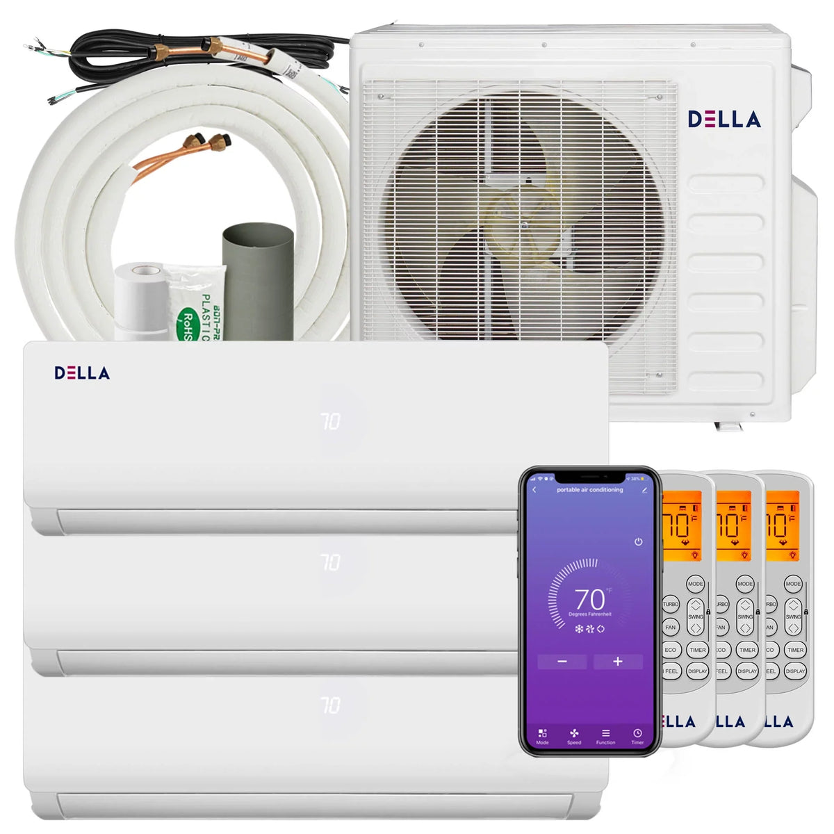Heat Sq.Ft Zone Mini 208/230V Full Zone Set Conditioner 16ft SEER Kits Efficient 3 Up 9K BTU BTU 9K Energy Wifi Ductless to Pump ODU 9K Installation Cools Multi Split Air 27K Della Tri with 20 1200