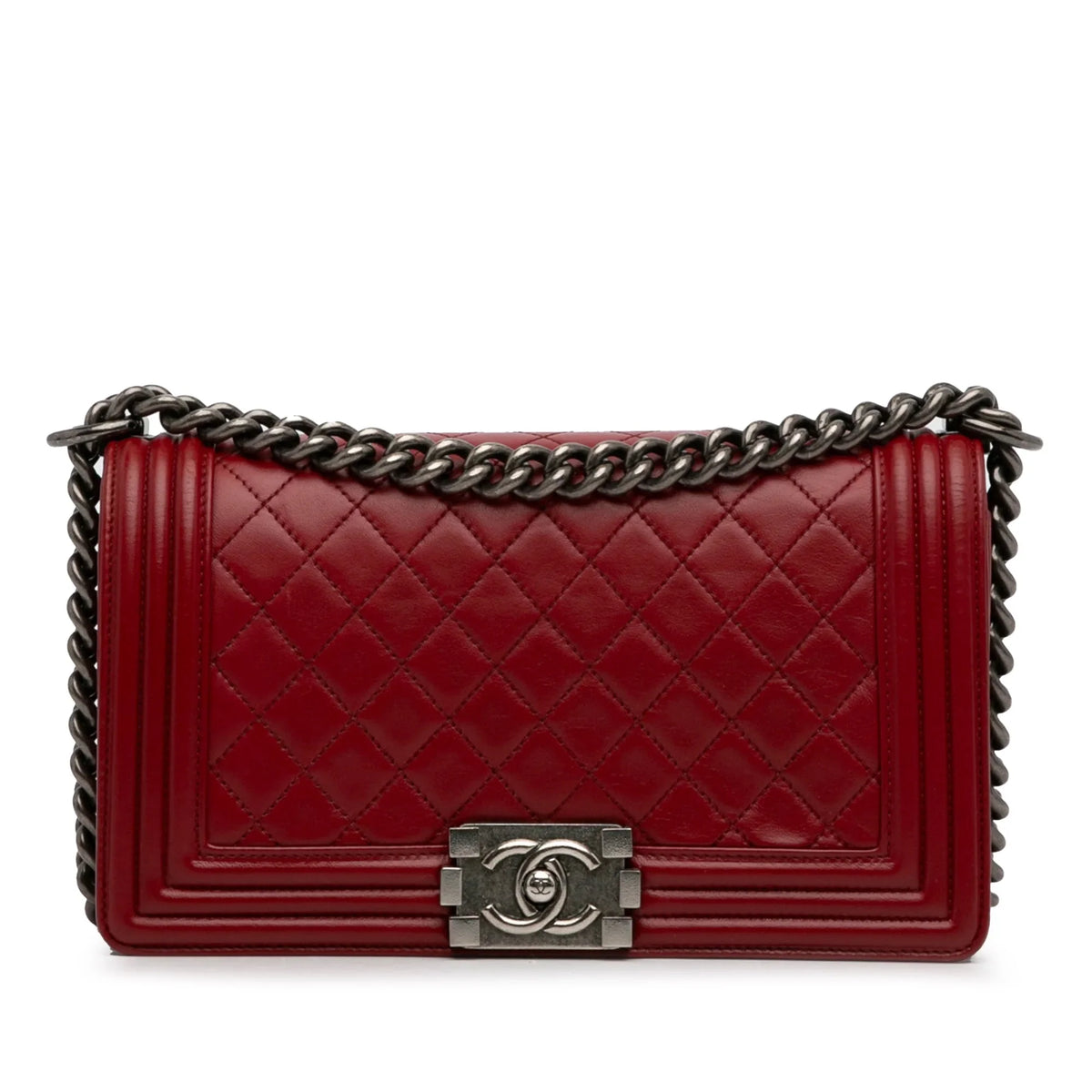 Boy Medium (Good) Bag Authenticated Crossbody Red Bag Pre-Owned Chanel Unisex Flap Leather Lambskin
