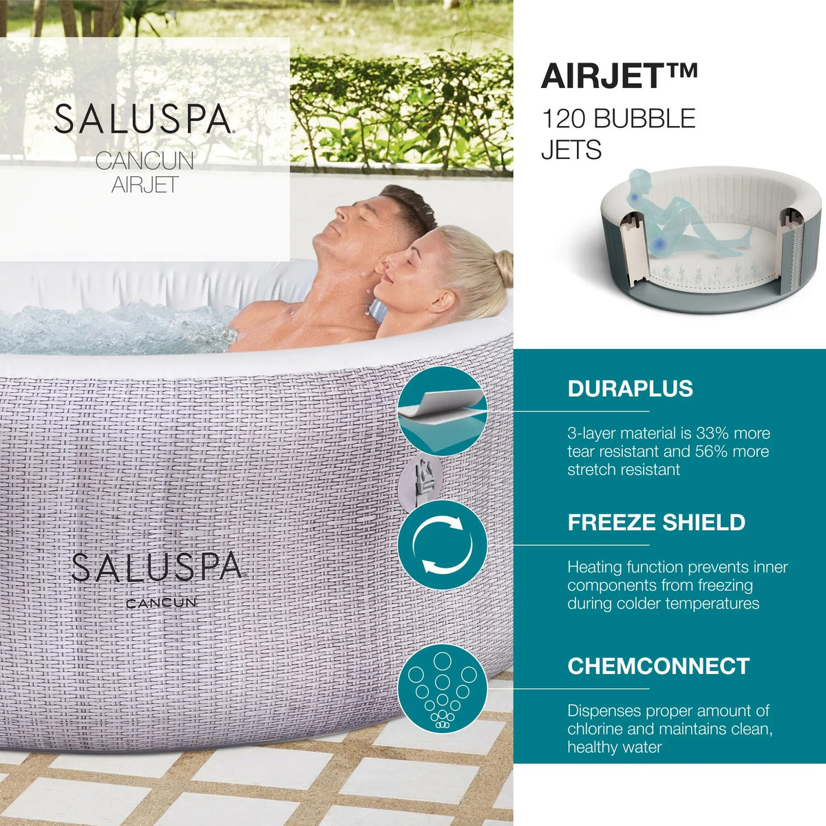 w/2 Bestway Seat Spa SaluSpa Pillows Hot SaluSpa Tub 2 Cancun Inflatable &