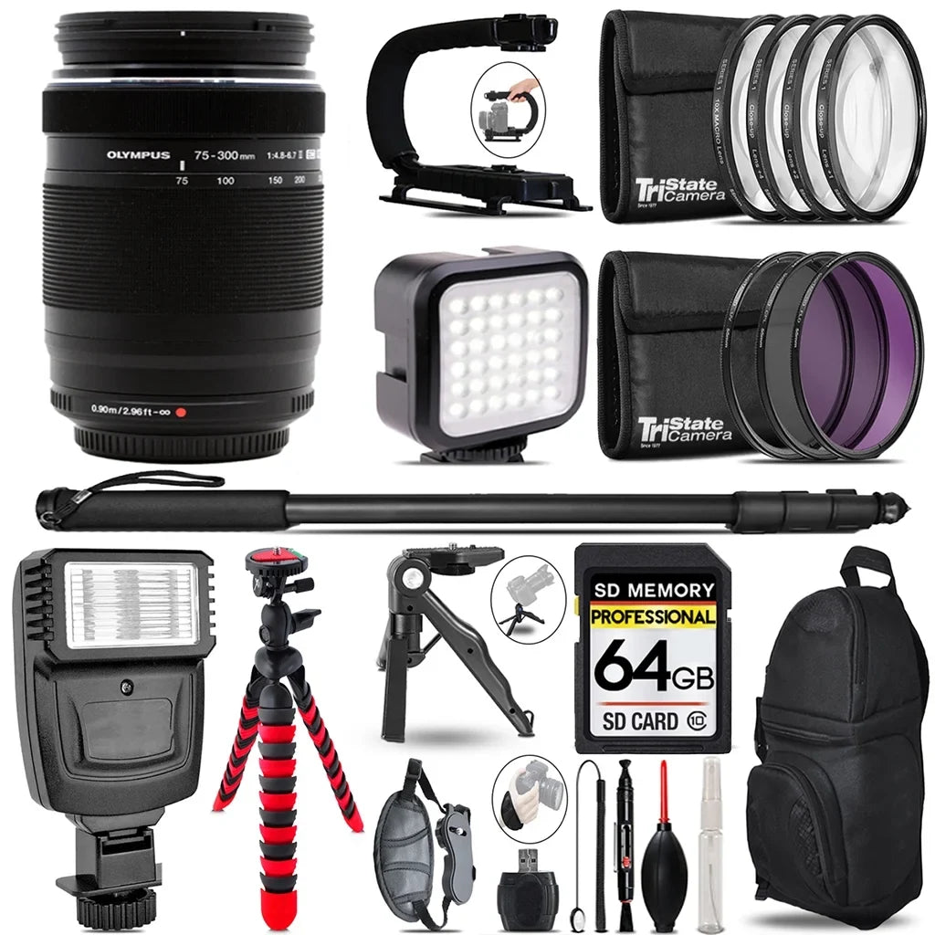 Accessory ED M.Zuiko Slave Video Bundle f/4.8-6.7 + II Lens- Digital Kit Olympus + 75-300mm Flash - Monopad 64GB