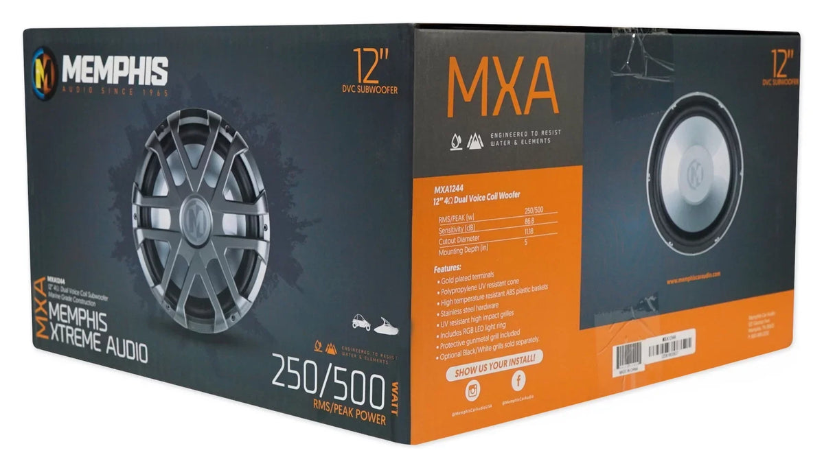 Memphis Marine LED Watt Audio Boat Sub 12" 500 Dual MXA1244 Subwoofer 4-Ohm