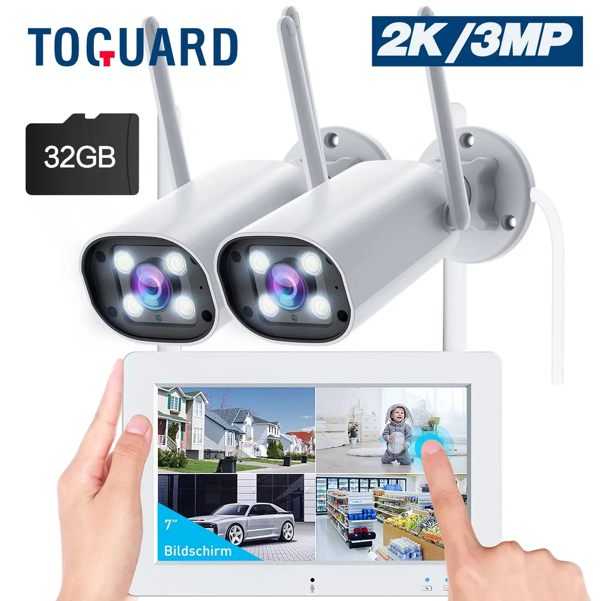 Connector SC27 Surveillance Wireless Bullet Camera Outdoor with Camera Monitor System Toguard Security CCTV 2K/3MP WiFi 7"