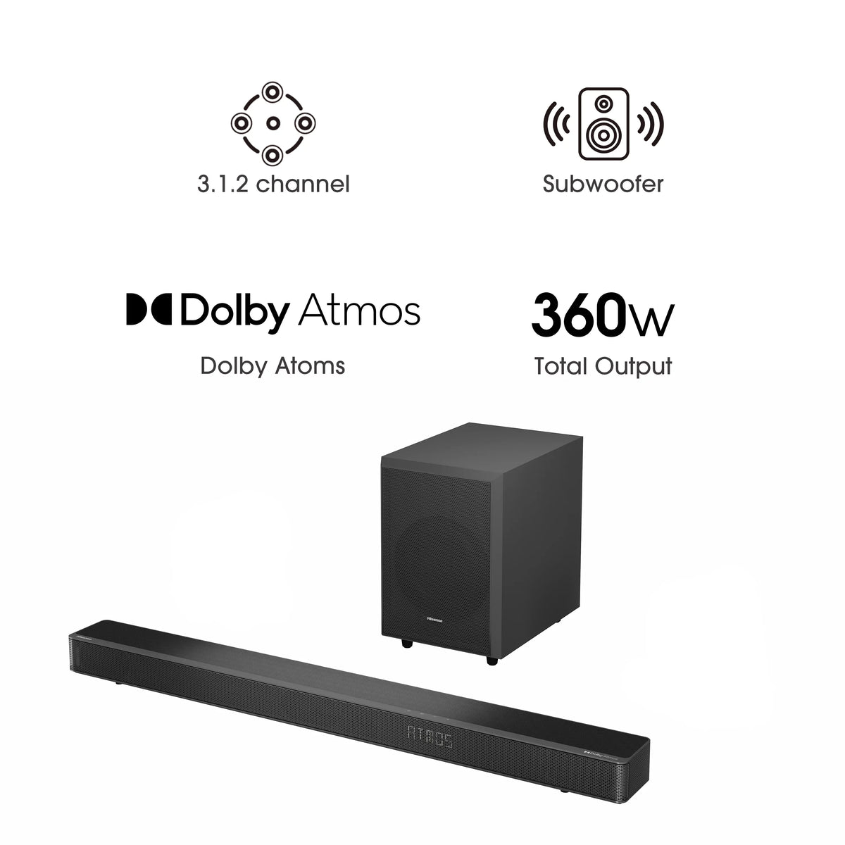 Restored Hisense with and 3.1.2 Atmos Dolby Subwoofer* (Refurbished) 360W (AX3120G) Ch Wireless Soundbar
