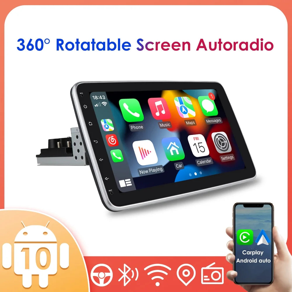 Wifi Car Android Stereo Screen Hizpo Apple Carplay& Radio 10.1'' Navigation With Auto Touch 10 GPS DIN Single 1 Bluetooth Android Rotatable