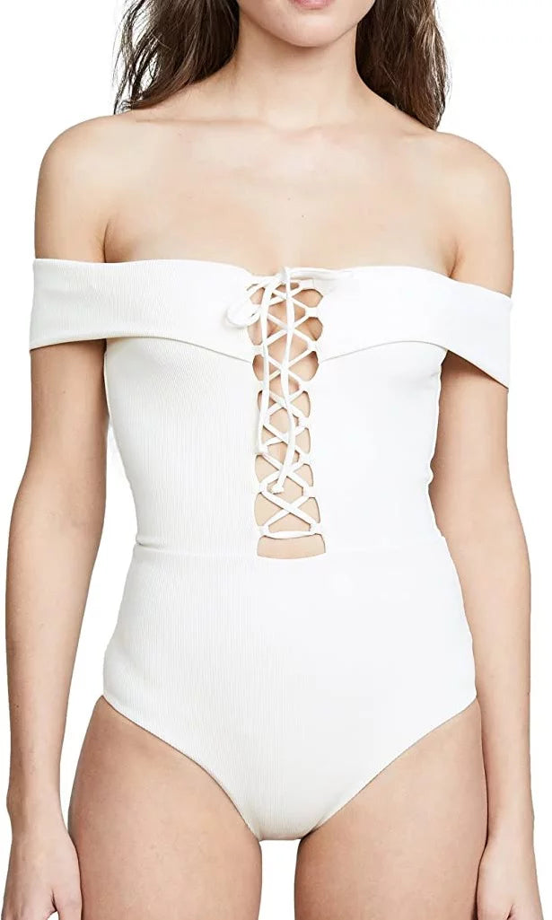 L*Space 6 Anja Piece Swimsuit, Bandeau Lace-Up One US CREAM