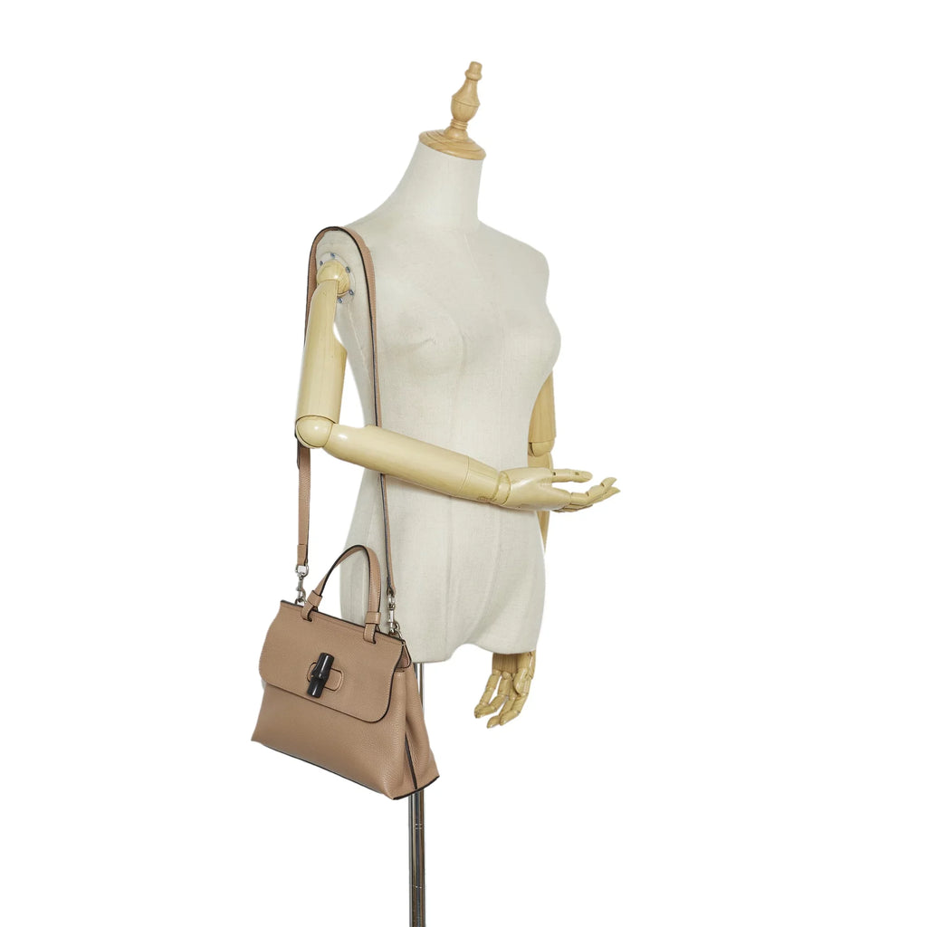 Leather Daily Pre-Owned Satchel Calf (Good) Medium Gucci Brown Bamboo Authenticated Unisex