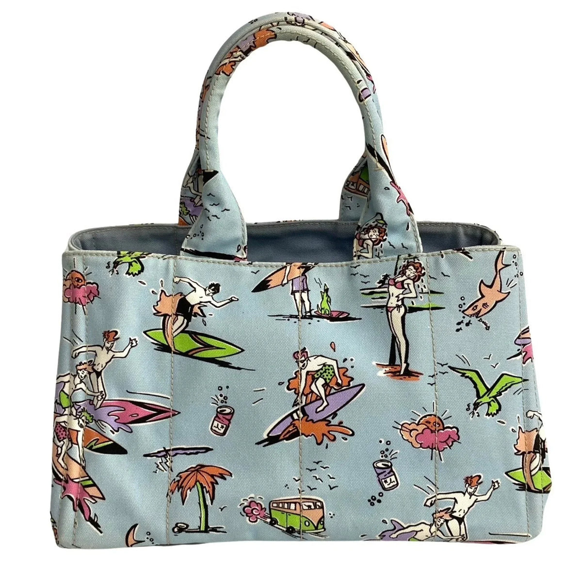 Pre-Owned 25905 Prada Canvas Tote Blue Multicolor Surfing (Good) Handbag Bag Pattern PRADA Triangle Canapa