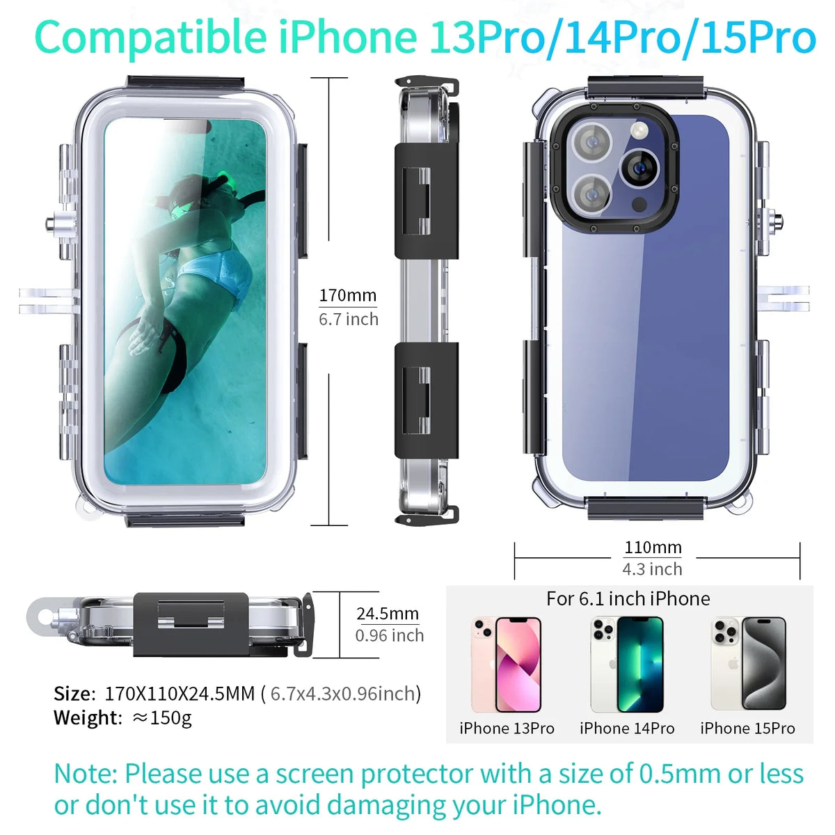 14/14 Waterproof Housing,40m/130ft for 15 Case Shockproof Waterproof Valve Diving Underwater Diving iPhone 12/12 Upgrade One-Way Pro / / Dustproof Pro / 13/13 Case Pro IP68 Pro