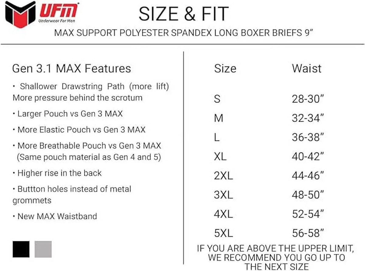MAX Support Support Gen 9” Adj 3.1 Pouch Boxer UFM Briefs Polyester Underwear Black