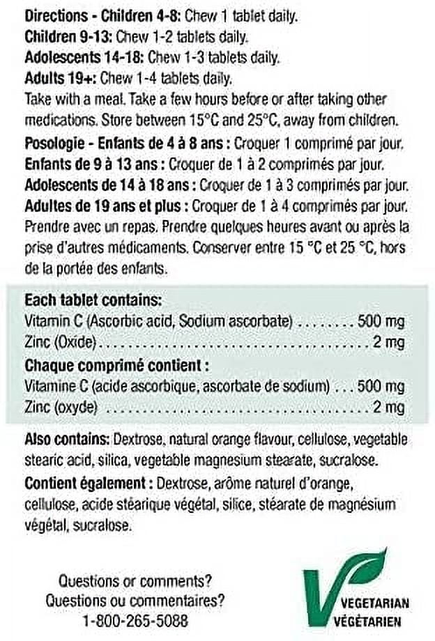 Zinc Natural Orange, Tangy Tablets 500mg, + C 400 Vitamin Chewable Jamieson