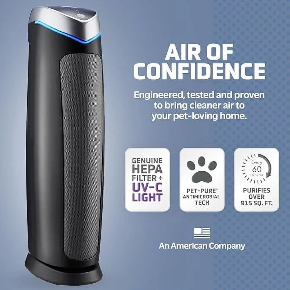 99.97% Light 915 Sq. up Pure Reduce GermGuardian Covers 1 of with Germs, Helps Black, Pet Large HEPA 13 UV-C Filter, 28", Genuine Rooms Purifier Pollutants, Air Removes ft. AC5250PT to Hour, in